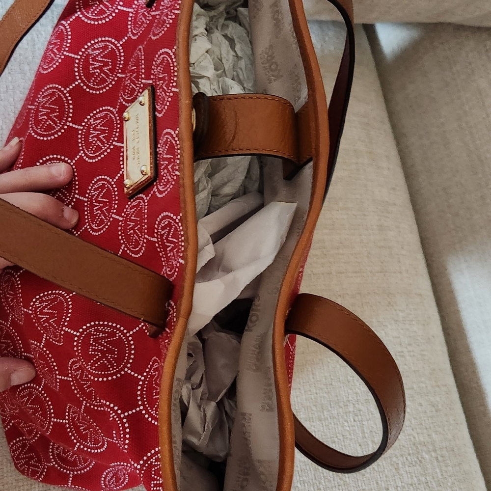 Euc Michael Kors Red & White Fabric Tote Bag Purse - Picture 10 of 12